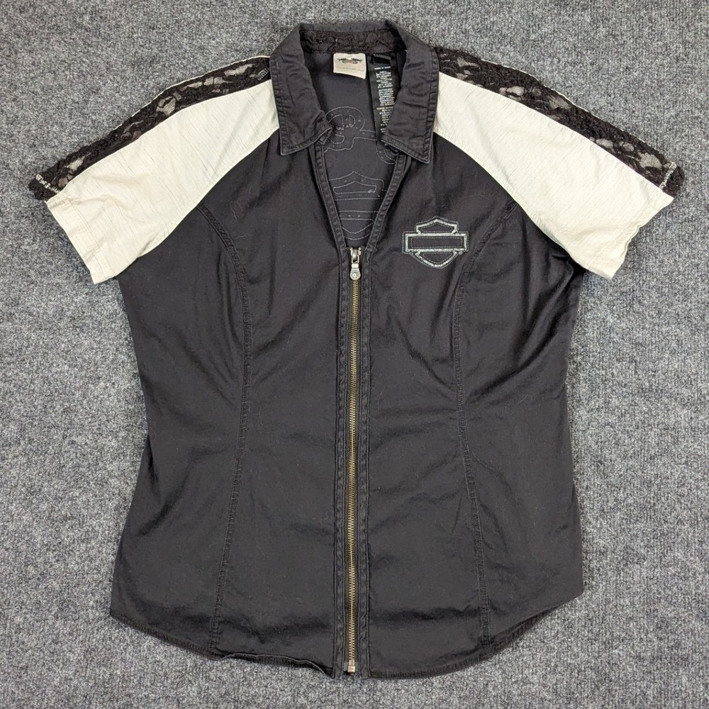 Harley-Davidson Womens Black Cream Lace Trim Zip Up Graphic Shirt Large